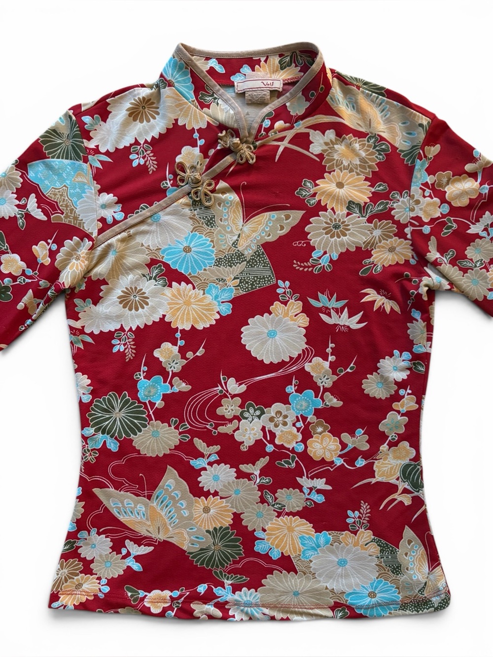 Vintage Red Floral Asian-Inspired Traditional Long Sleeve Top